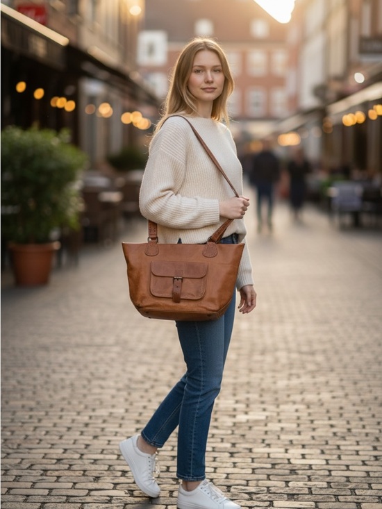 Unlisted Handbags - Vintage Boho Tan Full-Grain Leather Tote Bag w/ Buckle Pocket